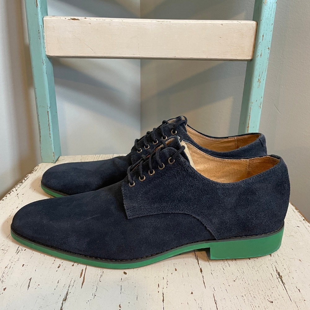 JD Fisk Mens Navy Blue Suede Derby Shoes with Green Contrast Sole Size 11.5